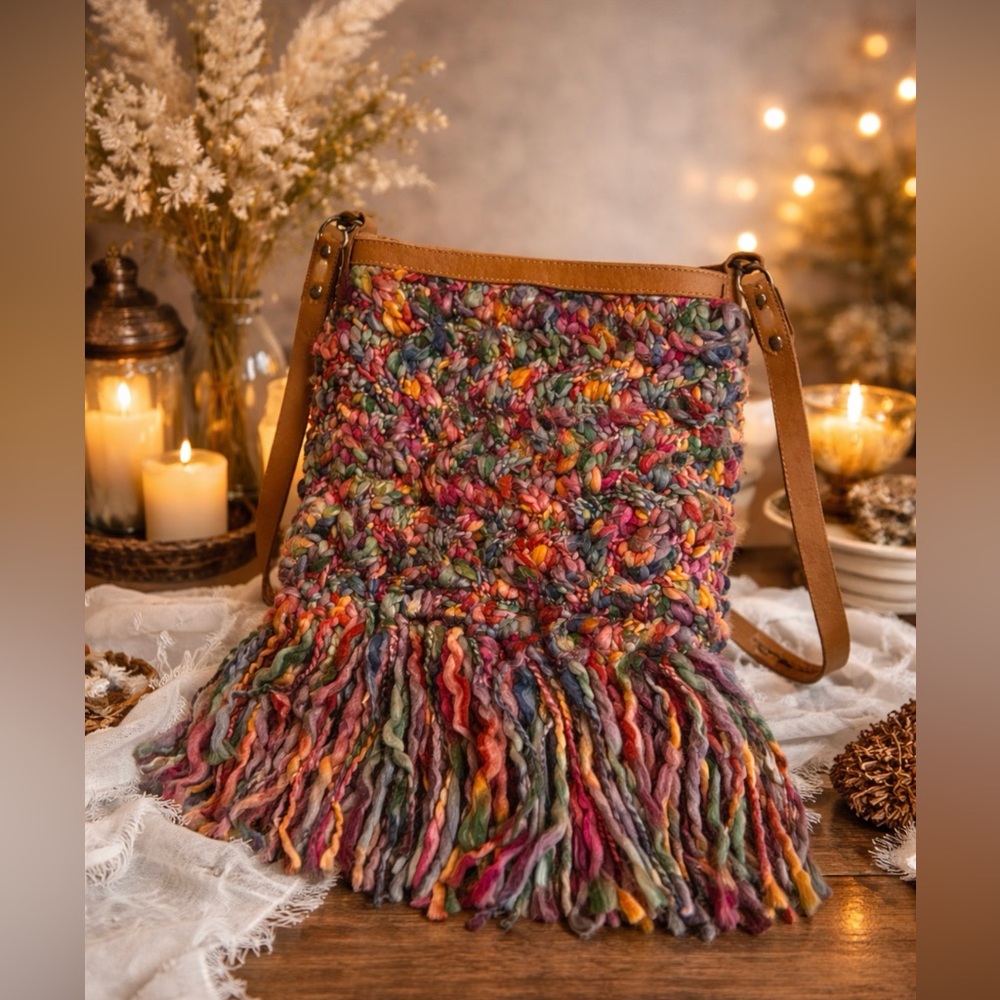 90s VINTAGE Lucky Brand Bag Western Whimsy Knit Braided Wool Fringe Hobo Tassel